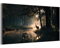 Aluminium schilderij 120x60 cm - Wanddecoratie metaal - Hert - Bosbeek - Mystiek - Metalen muurdecoratie woonkamer - Decoratie industrieel - Foto op dibond - Industriële accessoires slaapkamer
