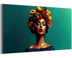 Aluminium schilderij 120x60 cm - Wanddecoratie metaal - Vrouw - Hoodtooi - Tropisch - Fruit - Druiven - Metalen muurdecoratie woonkamer - Decoratie industrieel - Foto op dibond - Industriële accessoires slaapkamer