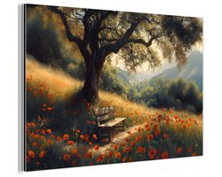 Aluminium schilderij 120x80 cm - Wanddecoratie metaal - Bankje - Boom - Klaprozen - Heuvels - Metalen muurdecoratie woonkamer - Decoratie industrieel - Foto op dibond - Industriële accessoires slaapkamer