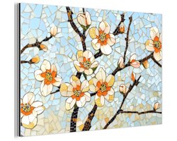 Aluminium schilderij 120x80 cm - Wanddecoratie metaal - Bloesems - Wit - Mozaïek - Tak - Metalen muurdecoratie woonkamer - Decoratie industrieel - Foto op dibond - Industriële accessoires slaapkamer