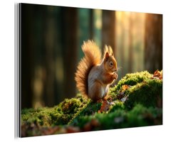 Aluminium schilderij 120x80 cm - Wanddecoratie metaal - Eekhoorn - Nootje - Gras - Metalen muurdecoratie woonkamer - Decoratie industrieel - Foto op dibond - Industriële accessoires slaapkamer