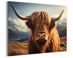 Aluminium schilderij 120x80 cm - Wanddecoratie metaal - Schotse hooglander - Hoorns - Bergen - Landschap - Metalen muurdecoratie woonkamer - Decoratie industrieel - Foto op dibond - Industriële accessoires slaapkamer