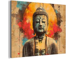 Aluminium schilderij 120x90 cm - Wanddecoratie metaal - Boeddha - Graffiti - Street art - Boedha beeld - Buddha - Metalen muurdecoratie woonkamer - Decoratie industrieel - Foto op dibond - Industriële accessoires slaapkamer