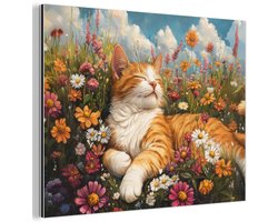 Aluminium schilderij 120x90 cm - Wanddecoratie metaal - Kat - Bloemen - Ontspannen - Metalen muurdecoratie woonkamer - Decoratie industrieel - Foto op dibond - Industriële accessoires slaapkamer