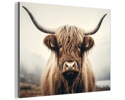 Aluminium schilderij 120x90 cm - Wanddecoratie metaal - Schotse hooglander - Hoorns - Landschap - Metalen muurdecoratie woonkamer - Decoratie industrieel - Foto op dibond - Industriële accessoires slaapkamer