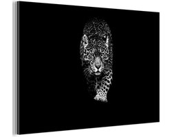 Aluminium schilderij 150x100 cm - Wanddecoratie metaal - Dieren - Zwart - Luipaard - Wit - Wild - Metalen muurdecoratie woonkamer - Decoratie industrieel - Foto op dibond - Industriële accessoires slaapkamer