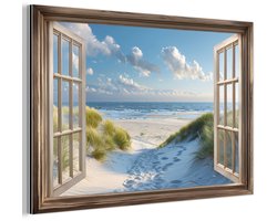 Aluminium schilderij 150x100 cm - Wanddecoratie metaal - Doorkijk - Strand - Raam - Duinen - Zee - Metalen muurdecoratie woonkamer - Decoratie industrieel - Foto op dibond - Industriële accessoires slaapkamer