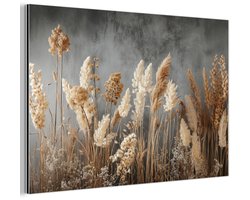 Aluminium schilderij 150x100 cm - Wanddecoratie metaal - Gedroogde Veldbloemen - Grijs - Beton - Metalen muurdecoratie woonkamer - Decoratie industrieel - Foto op dibond - Industriële accessoires slaapkamer