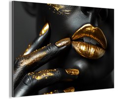 Aluminium schilderij 150x100 cm - Wanddecoratie metaal - Lippen - Goud - Abstract - Zwart - Vrouw - Metalen muurdecoratie woonkamer - Decoratie industrieel - Foto op dibond - Industriële accessoires slaapkamer