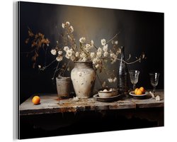 Aluminium schilderij 150x100 cm - Wanddecoratie metaal - Stilleven - Bloemen - Boeket - Vaas - Wijn - Metalen muurdecoratie woonkamer - Decoratie industrieel - Foto op dibond - Industriële accessoires slaapkamer