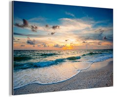 Aluminium schilderij 150x100 cm - Wanddecoratie metaal - Strand - Zee - Zonsondergang - Metalen muurdecoratie woonkamer - Decoratie industrieel - Foto op dibond - Industriële accessoires slaapkamer