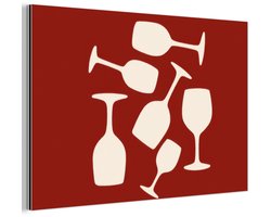 Aluminium schilderij 150x100 cm - Wanddecoratie metaal - Wijnglazen - Silhouetten - Wit - Metalen muurdecoratie woonkamer - Decoratie industrieel - Foto op dibond - Industriële accessoires slaapkamer