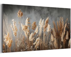 Aluminium schilderij 160x80 cm - Wanddecoratie metaal - Gedroogde Veldbloemen - Grijs - Beton - Metalen muurdecoratie woonkamer - Decoratie industrieel - Foto op dibond - Industriële accessoires slaapkamer
