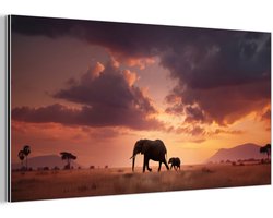 Aluminium schilderij 160x80 cm - Wanddecoratie metaal - Olifanten - Grasland - Zonsondergang - Metalen muurdecoratie woonkamer - Decoratie industrieel - Foto op dibond - Industriële accessoires slaapkamer