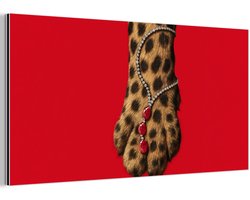 Aluminium schilderij 160x80 cm - Wanddecoratie metaal - Poot - Luipaard - Ketting - Edelstenen - Metalen muurdecoratie woonkamer - Decoratie industrieel - Foto op dibond - Industriële accessoires slaapkamer