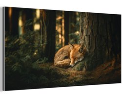 Aluminium schilderij 160x80 cm - Wanddecoratie metaal - Vos - Bos - Slapen - Metalen muurdecoratie woonkamer - Decoratie industrieel - Foto op dibond - Industriële accessoires slaapkamer