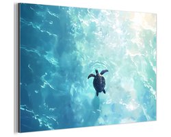 Aluminium schilderij 180x120 cm - Wanddecoratie metaal - Schildpad - Zee - Blauw - Schittering - Metalen muurdecoratie woonkamer - Decoratie industrieel - Foto op dibond - Industriële accessoires slaapkamer