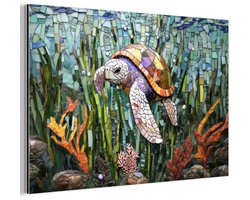 Aluminium schilderij 180x120 cm - Wanddecoratie metaal - Schildpad - Zeewier - Mozaïek - Metalen muurdecoratie woonkamer - Decoratie industrieel - Foto op dibond - Industriële accessoires slaapkamer