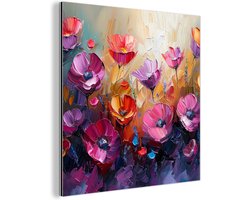 Aluminium schilderij 20x20 cm - Wanddecoratie metaal - Bloemen - Paars - Kleurrijk - Handgeschilderd - Kunst - Metalen muurdecoratie woonkamer - Decoratie industrieel - Foto op dibond - Industriële accessoires slaapkamer