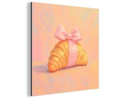 Aluminium schilderij 20x20 cm - Wanddecoratie metaal - Croissant - Strik - Roze - Metalen muurdecoratie woonkamer - Decoratie industrieel - Foto op dibond - Industriële accessoires slaapkamer