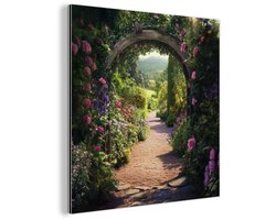 Aluminium schilderij 20x20 cm - Wanddecoratie metaal - Doorkijk - Bloemen - Natuur - Rozenboog - Metalen muurdecoratie woonkamer - Decoratie industrieel - Foto op dibond - Industriële accessoires slaapkamer