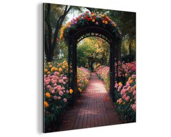Aluminium schilderij 20x20 cm - Wanddecoratie metaal - Doorkijk - Bloemen - Pad - Natuur - Kleurrijk - Metalen muurdecoratie woonkamer - Decoratie industrieel - Foto op dibond - Industriële accessoires slaapkamer