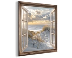 Aluminium schilderij 20x20 cm - Wanddecoratie metaal - Doorkijk - Strand - Duinen - Zee - Natuur - Metalen muurdecoratie woonkamer - Decoratie industrieel - Foto op dibond - Industriële accessoires slaapkamer