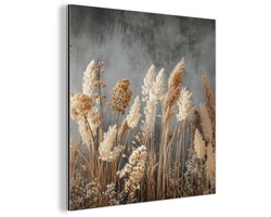 Aluminium schilderij 20x20 cm - Wanddecoratie metaal - Gedroogde Veldbloemen - Grijs - Beton - Metalen muurdecoratie woonkamer - Decoratie industrieel - Foto op dibond - Industriële accessoires slaapkamer
