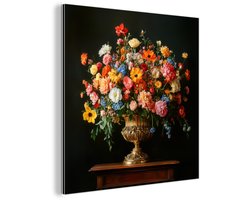 Aluminium schilderij 20x20 cm - Wanddecoratie metaal - Goud - Bloemen - Kleuren - Vaas - Metalen muurdecoratie woonkamer - Decoratie industrieel - Foto op dibond - Industriële accessoires slaapkamer