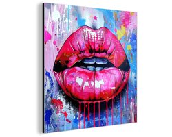 Aluminium schilderij 20x20 cm - Wanddecoratie metaal - Graffiti - Lippen - Felroze - Geschilderd - Metalen muurdecoratie woonkamer - Decoratie industrieel - Foto op dibond - Industriële accessoires slaapkamer