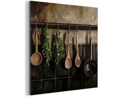 Aluminium schilderij 20x20 cm - Wanddecoratie metaal - Keukengerei - Rustiek - Tegels - Kruiden - Metalen muurdecoratie woonkamer - Decoratie industrieel - Foto op dibond - Industriële accessoires slaapkamer