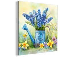Aluminium schilderij 20x20 cm - Wanddecoratie metaal - Lavendelbloemen - Quote - Gieter - Metalen muurdecoratie woonkamer - Decoratie industrieel - Foto op dibond - Industriële accessoires slaapkamer