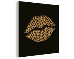 Aluminium schilderij 20x20 cm - Wanddecoratie metaal - lip - Zwart - Panterprint - Metalen muurdecoratie woonkamer - Decoratie industrieel - Foto op dibond - Industriële accessoires slaapkamer