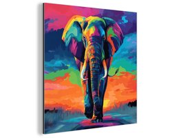 Aluminium schilderij 20x20 cm - Wanddecoratie metaal - Olifant - Kleurrijk - Lucht - Abstract - Metalen muurdecoratie woonkamer - Decoratie industrieel - Foto op dibond - Industriële accessoires slaapkamer