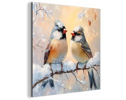 Aluminium schilderij 20x20 cm - Wanddecoratie metaal - Vogels - Tak - Winter - Sneeuw - Metalen muurdecoratie woonkamer - Decoratie industrieel - Foto op dibond - Industriële accessoires slaapkamer