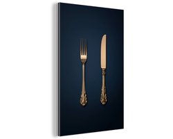 Aluminium schilderij 20x30 cm - Wanddecoratie metaal - Bestek - Donkerblauw - Goud - Metalen muurdecoratie woonkamer - Decoratie industrieel - Foto op dibond - Industriële accessoires slaapkamer