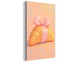 Aluminium schilderij 20x30 cm - Wanddecoratie metaal - Croissant - Strik - Roze - Metalen muurdecoratie woonkamer - Decoratie industrieel - Foto op dibond - Industriële accessoires slaapkamer