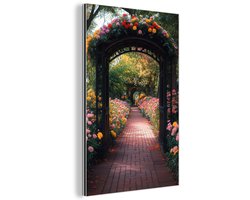 Aluminium schilderij 20x30 cm - Wanddecoratie metaal - Doorkijk - Bloemen - Pad - Natuur - Kleurrijk - Metalen muurdecoratie woonkamer - Decoratie industrieel - Foto op dibond - Industriële accessoires slaapkamer