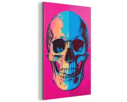 Aluminium schilderij 20x30 cm - Wanddecoratie metaal - Neon - Blauw - Pop-art - Schedel - Metalen muurdecoratie woonkamer - Decoratie industrieel - Foto op dibond - Industriële accessoires slaapkamer