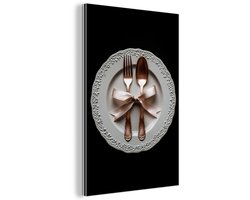 Aluminium schilderij 20x30 cm - Wanddecoratie metaal - Rose - Strik - Bestek - Metalen muurdecoratie woonkamer - Decoratie industrieel - Foto op dibond - Industriële accessoires slaapkamer