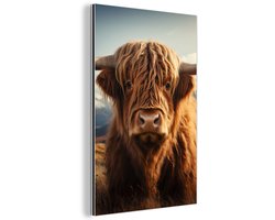 Aluminium schilderij 20x30 cm - Wanddecoratie metaal - Schotse hooglander - Hoorns - Bergen - Landschap - Metalen muurdecoratie woonkamer - Decoratie industrieel - Foto op dibond - Industriële accessoires slaapkamer
