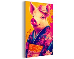 Aluminium schilderij 20x30 cm - Wanddecoratie metaal - Varken - Bloemkroon - Kimono - Abstract - Metalen muurdecoratie woonkamer - Decoratie industrieel - Foto op dibond - Industriële accessoires slaapkamer