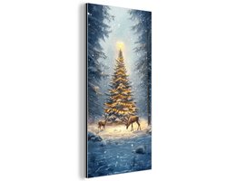 Aluminium schilderij 20x40 cm - Wanddecoratie metaal - Kerstlicht - Woud - Hert - Donker - Metalen muurdecoratie woonkamer - Decoratie industrieel - Foto op dibond - Industriële accessoires slaapkamer