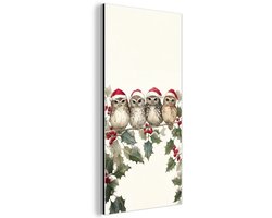 Aluminium schilderij 20x40 cm - Wanddecoratie metaal - Uilen - Tak - Hulstblaadjes - Kerstmuts - Metalen muurdecoratie woonkamer - Decoratie industrieel - Foto op dibond - Industriële accessoires slaapkamer