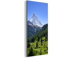 Aluminium schilderij 20x40 cm - Wanddecoratie metaal - Zwitserse Alpen in Matterhorn met groene bomen - Metalen muurdecoratie woonkamer - Decoratie industrieel - Foto op dibond - Industriële accessoires slaapkamer