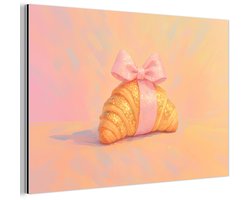 Aluminium schilderij 30x20 cm - Wanddecoratie metaal - Croissant - Strik - Roze - Metalen muurdecoratie woonkamer - Decoratie industrieel - Foto op dibond - Industriële accessoires slaapkamer