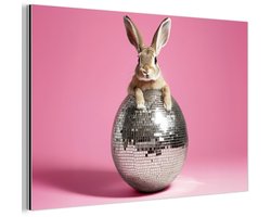 Aluminium schilderij 30x20 cm - Wanddecoratie metaal - Haas - Strik -Discobal - Metalen muurdecoratie woonkamer - Decoratie industrieel - Foto op dibond - Industriële accessoires slaapkamer