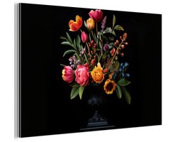 Aluminium schilderij 30x20 cm - Wanddecoratie metaal - Tulpen - Bessen - Boeket - Vaas - Metalen muurdecoratie woonkamer - Decoratie industrieel - Foto op dibond - Industriële accessoires slaapkamer