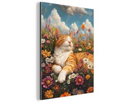 Aluminium schilderij 30x40 cm - Wanddecoratie metaal - Kat - Bloemen - Ontspannen - Metalen muurdecoratie woonkamer - Decoratie industrieel - Foto op dibond - Industriële accessoires slaapkamer