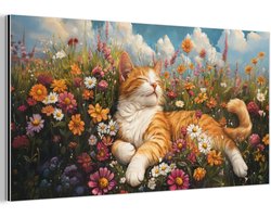 Aluminium schilderij 40x20 cm - Wanddecoratie metaal - Kat - Bloemen - Ontspannen - Metalen muurdecoratie woonkamer - Decoratie industrieel - Foto op dibond - Industriële accessoires slaapkamer